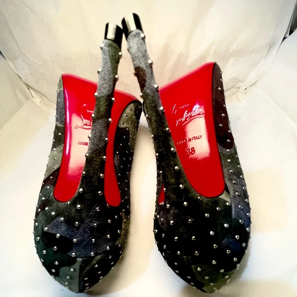 Christian Louboutin Kate 100 Studded blue green camouflage suede stiletto 38